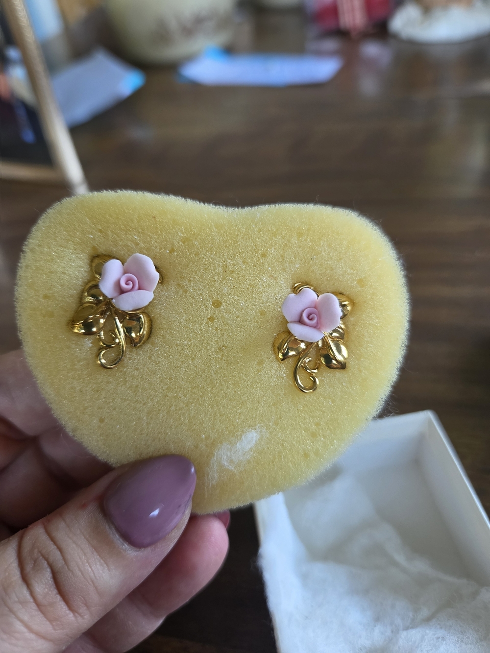 Vintage Gold & Pink Rose Stud Earrings - Women Jewelry